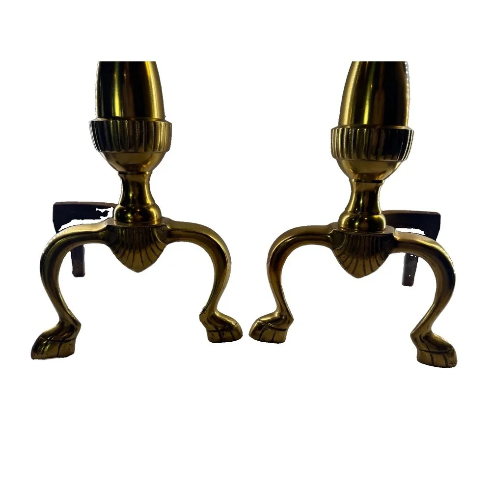 Vintage Pair Federal Style Brass & Iron Andirons Fire Dogs ~19